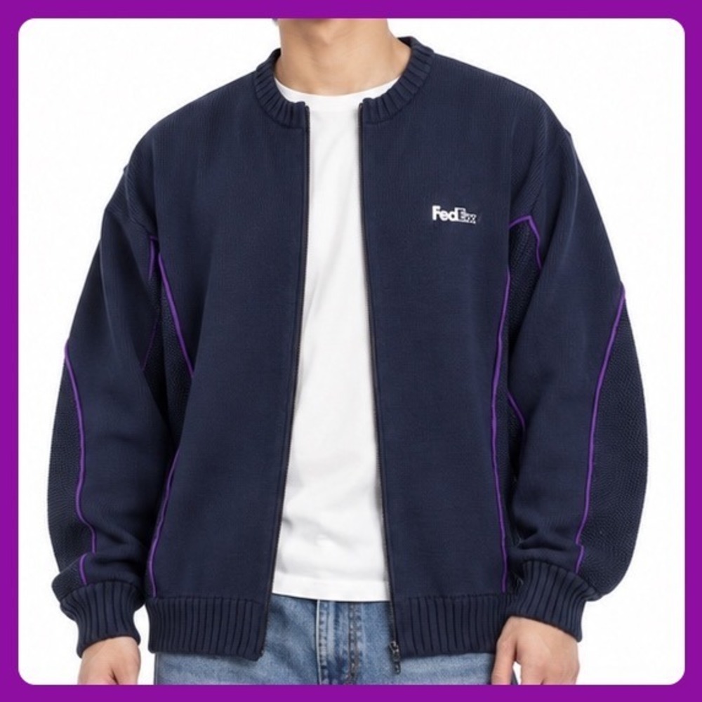 FedEx Sweater Y2K Stan Herman Full Zip Men L/XL Navy Purple Trim Vintage Uniform
